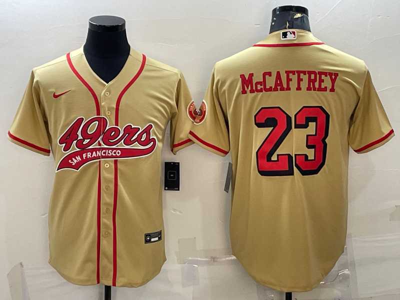 Men%27s San Francisco 49ers #23 Christian McCaffrey Gold Color Rush With Patch Cool Base Stitched Baseball Jersey->san francisco 49ers->NFL Jersey
